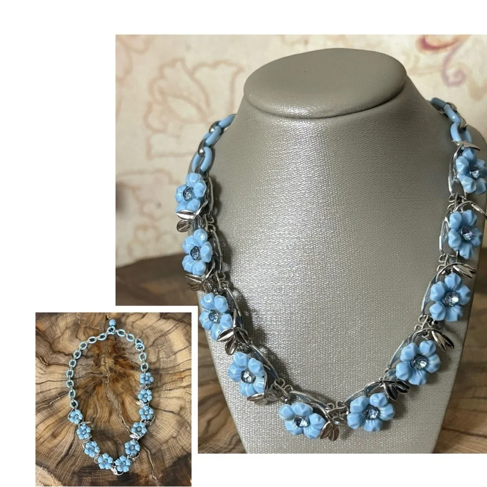 Blue Flowers Silver Vintage Choker Necklace